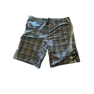 VTG O'Neill Board Shorts Men's Black Plaid Embroidered Spell Out 90s Y2K Surf‎